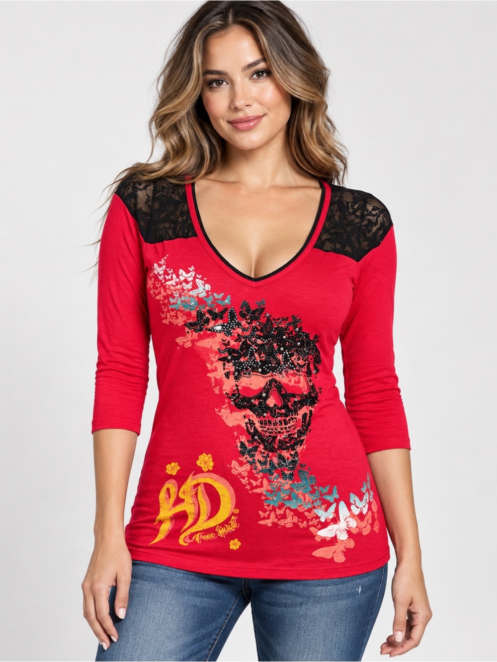 Harley Davidson Womens M Red Skull Butterfly Rhinestone Lace 3/4 Sleeve Top USA